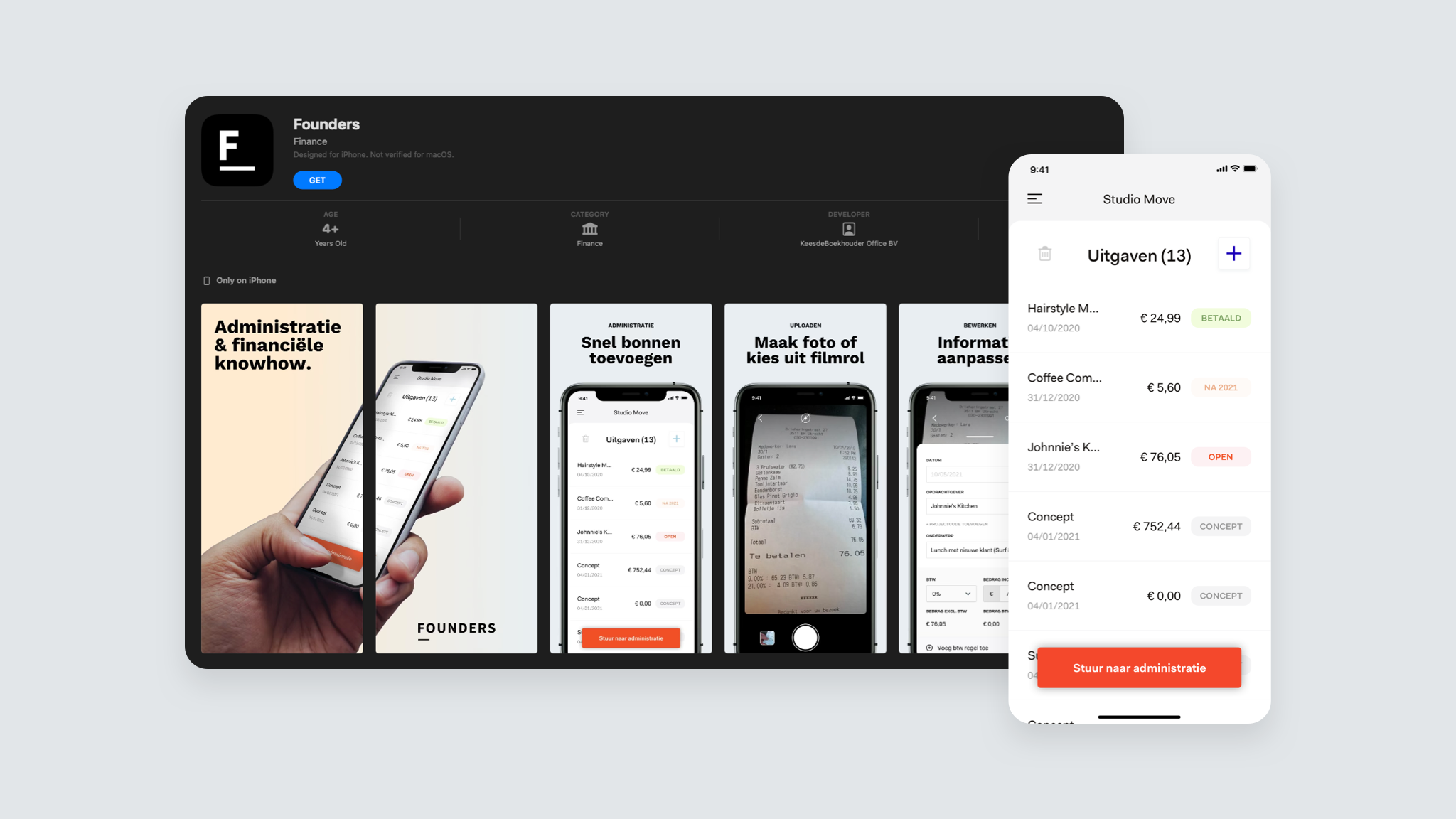 Founders finance administratie mobile app design en Apple Store display.