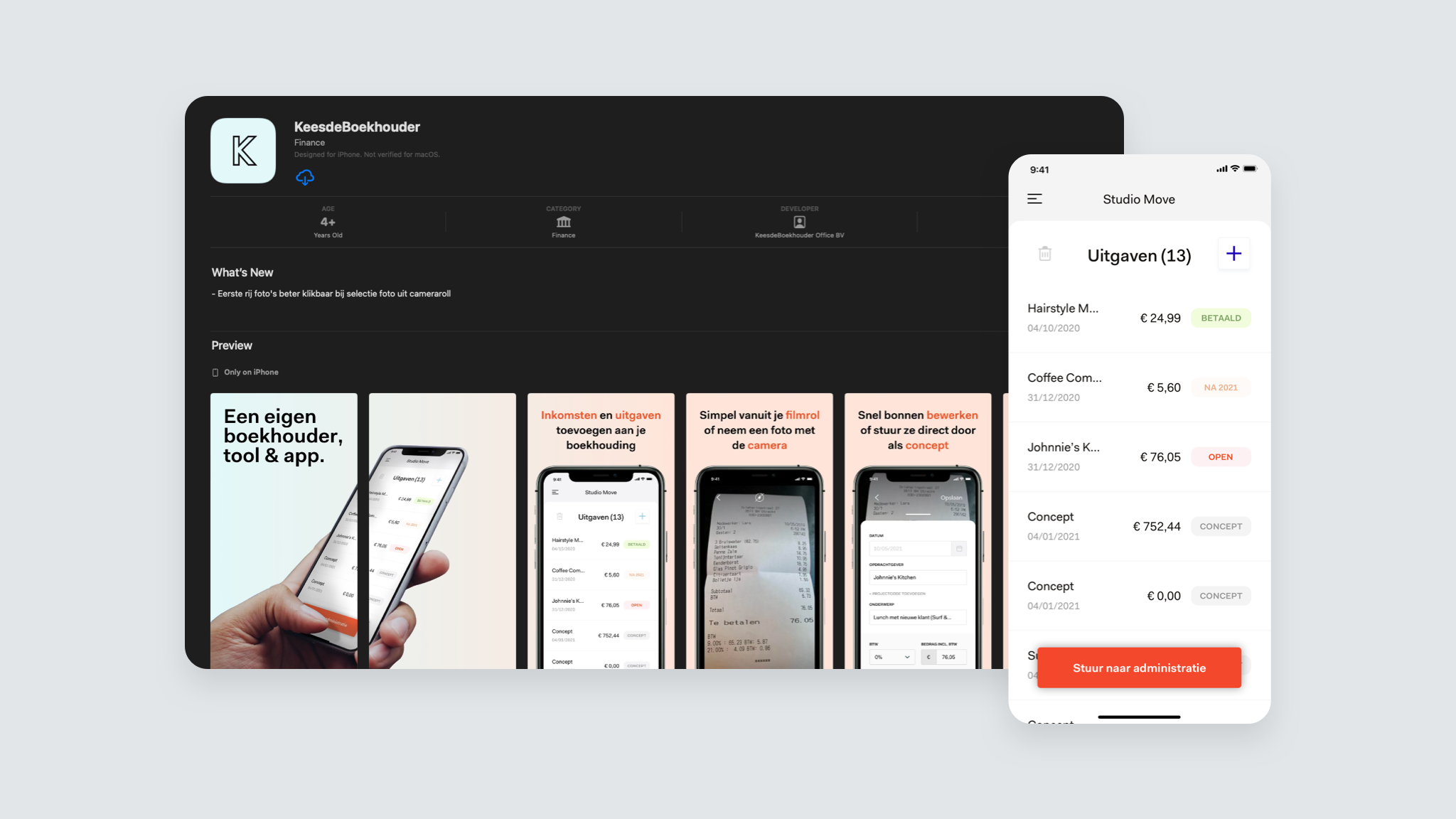 Kees de Boekhouder mobile app design en Apple Store display.