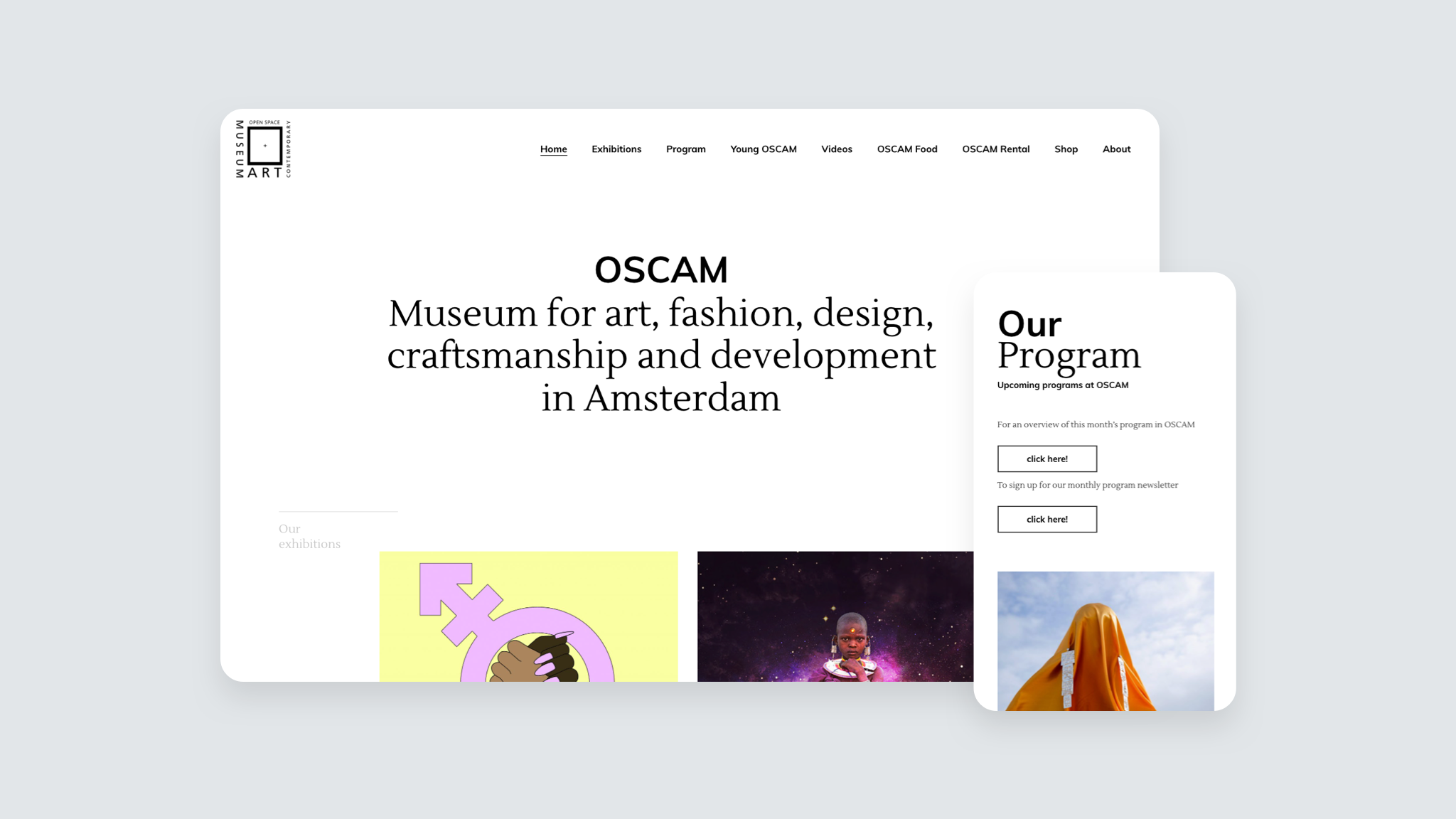 De OSCAM museum website waar kunst centraal staat. Beeld laten spreken door minimalistisch ontwerp.